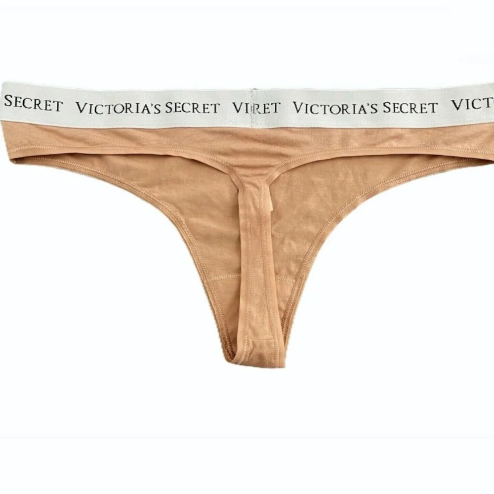 Victorias Secret Nwt Cafe Creme Logo Band Cotton Blend Thong Panty